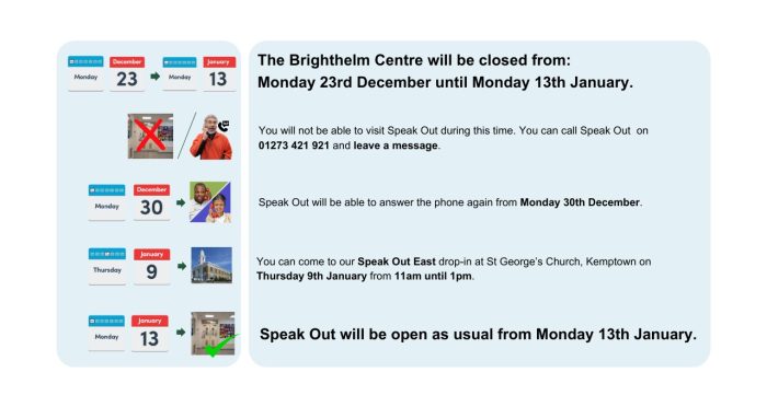 Speak Out will be open as usual from Monday 13th January.